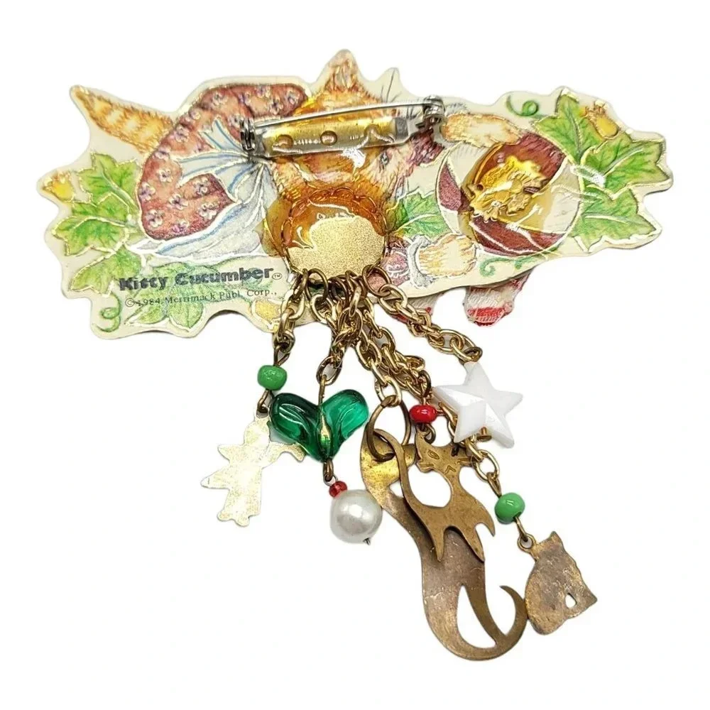 Kitty Cucumber 1984 Christmas Artisan Recycled Dangle Brooch Star Heart Cat